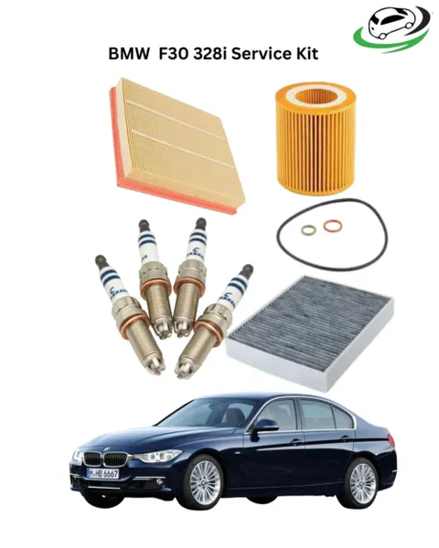 Illustration of bmw f30 328i service kit | air filter | oil filter | cabin filter | spark plugs | bmw parts kenya