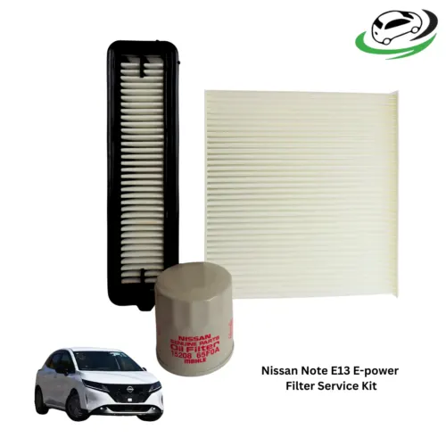 Illustration of nissan note e13 e-power service kit | genuine oil filter 15208-65f0a + air filter 16546-6xj0a + js cabin filter kenya